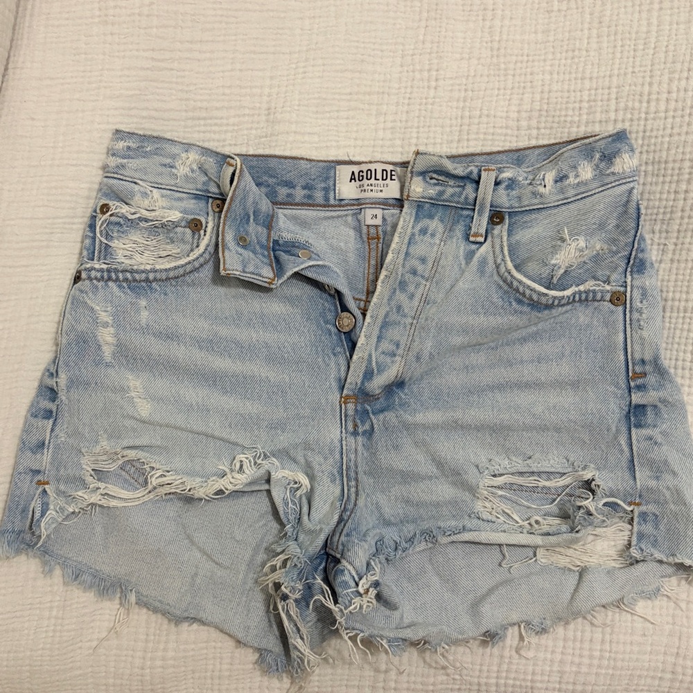 Agolde Light Blue Ripped Denim Shorts